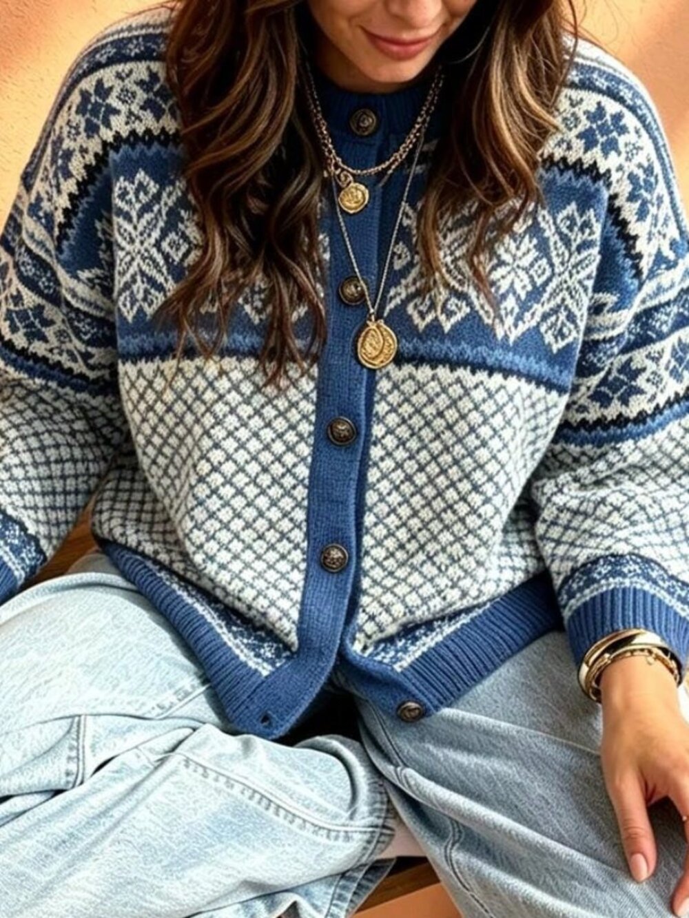 Multicolor Casual Women's Geometric Regular Button Round Neck Cardigan Sweater